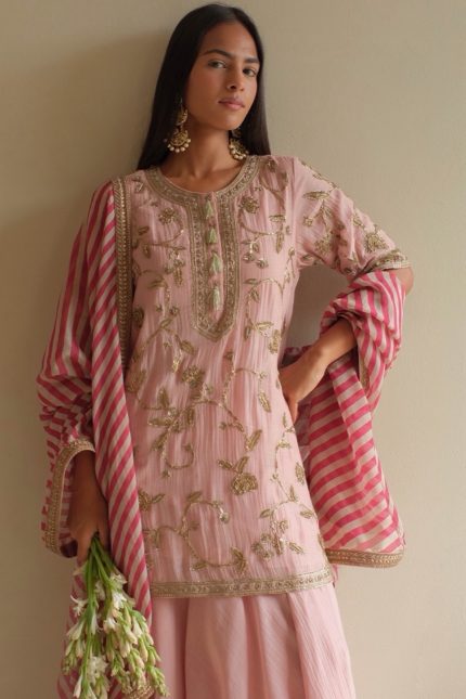 Pink Embroidered Short Sharara Set