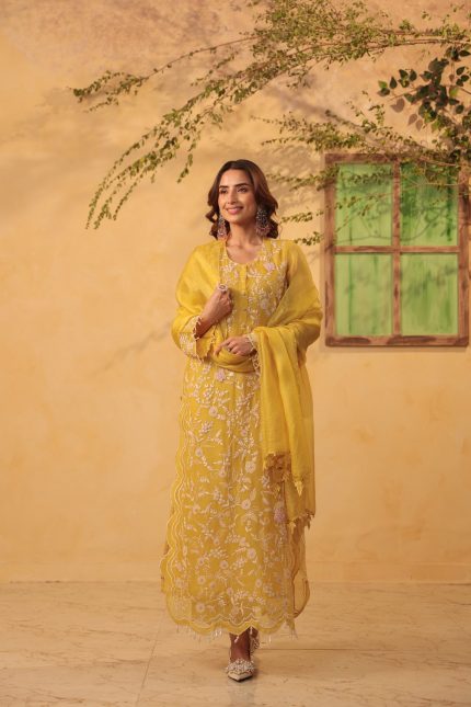 Yellow Heavy Jaal Scallop Kurta Set