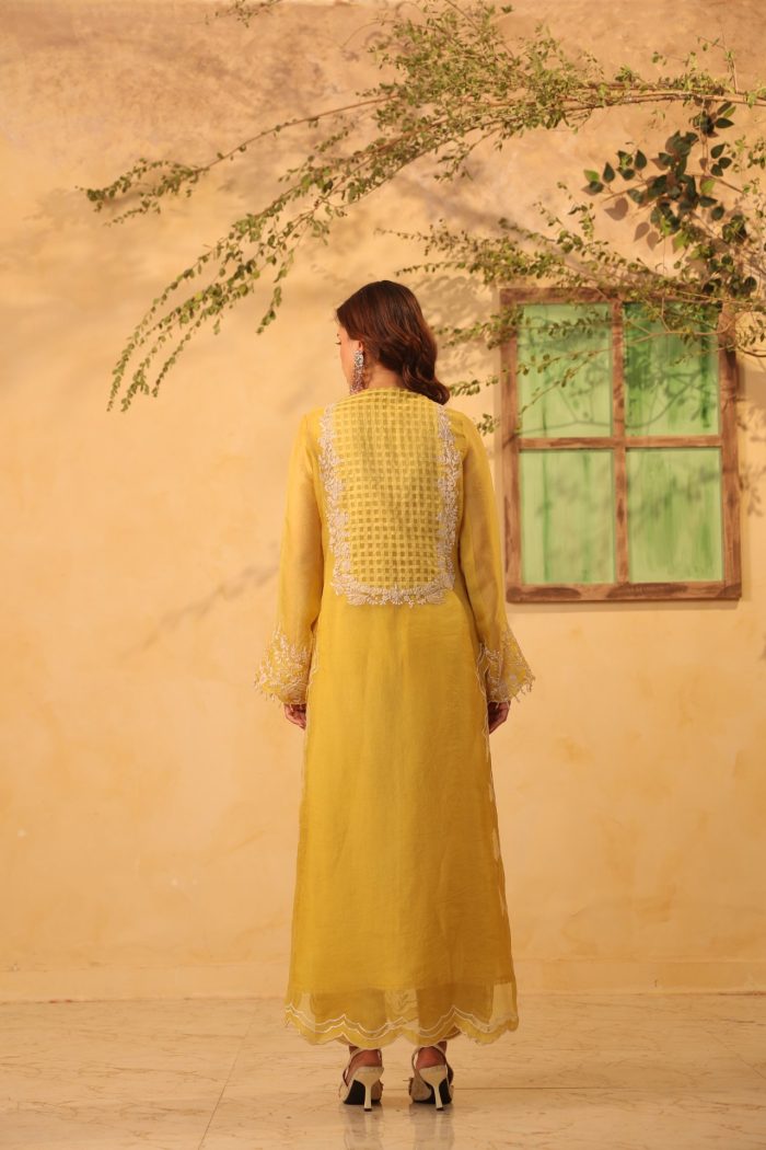 Yellow Heavy Jaal Scallop Kurta Set