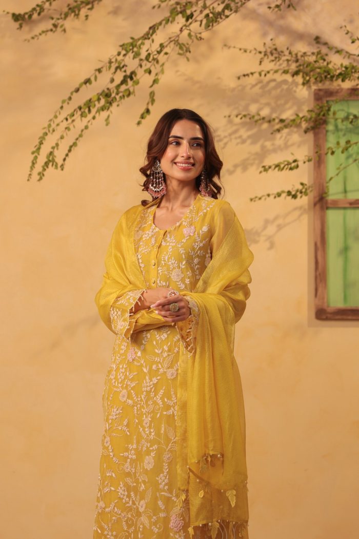 Yellow Heavy Jaal Scallop Kurta Set