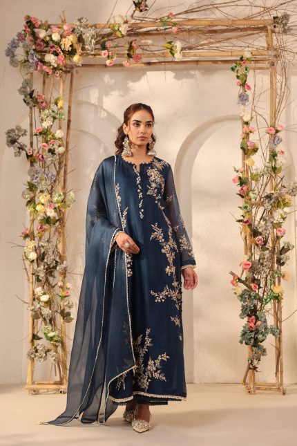 Dark Blue Jaal Straight kurta Set