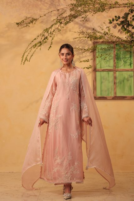 Light Pink jaal straight kurta Set