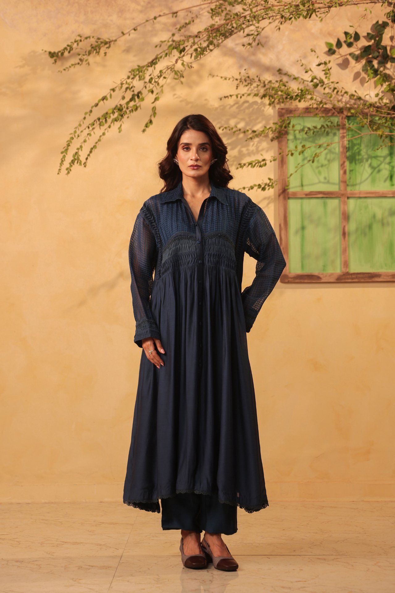 Dark Blue Pintuck Collar Kurta Set