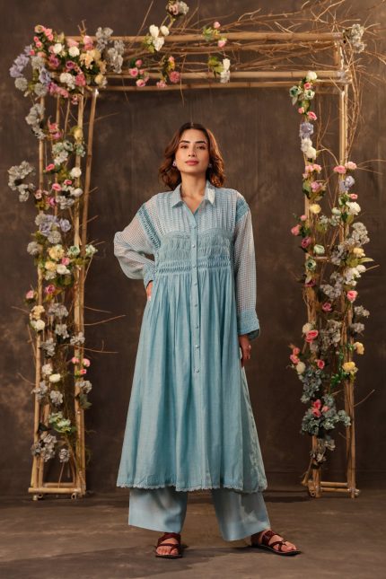 Light Blue Pintuck Collar Kurta Set