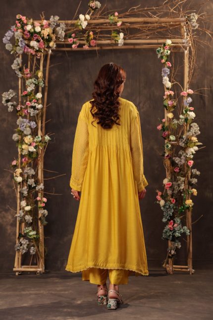 Yellow Pintuck Collar Kurta Set