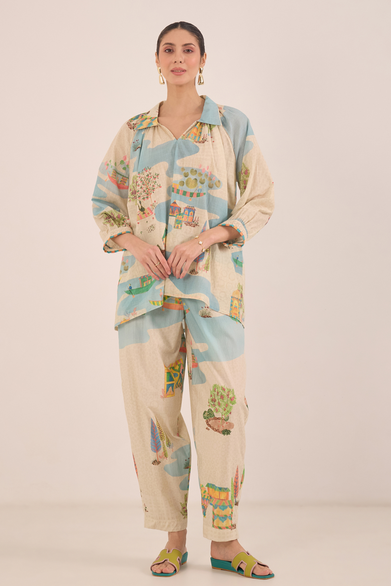 Cream printed Shirt Collar Cor-ord set