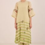 Cream  with Green stripes printed Tunic Set