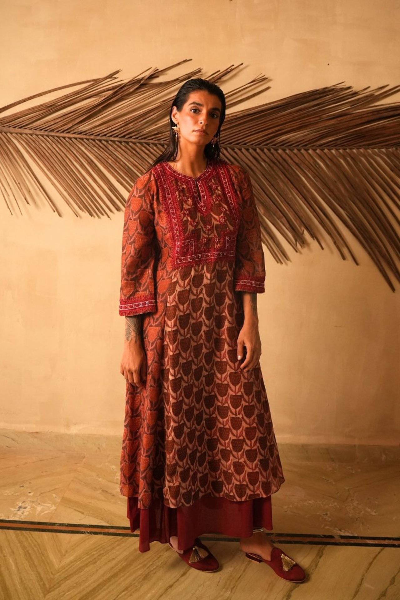 Maroon Ajrak Printed Kurta Set