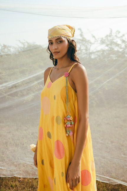 Yellow Pola Dotted Flary Cotton Dress