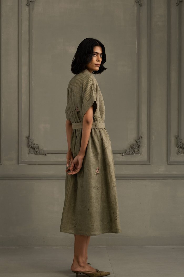 Sage Green Shirt Collar Embroidered Dress