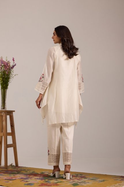 Off white Asymetric Cowl shoulder Pants Set
