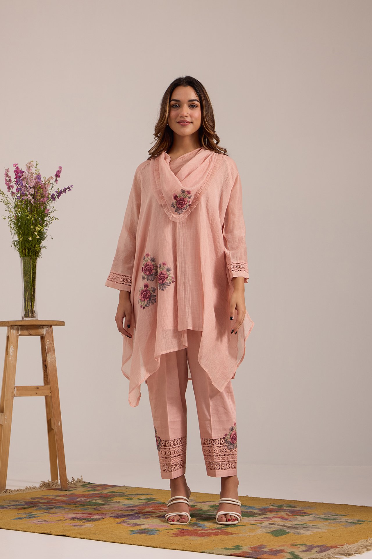 Pink Asymetric Cowl shoulder Pants Set