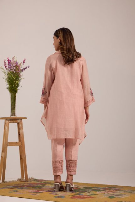 Pink Asymetric Cowl shoulder Pants Set