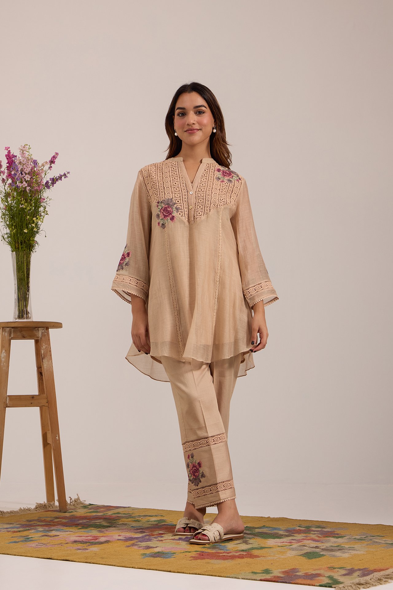 Pink Floral Short Kurta Set