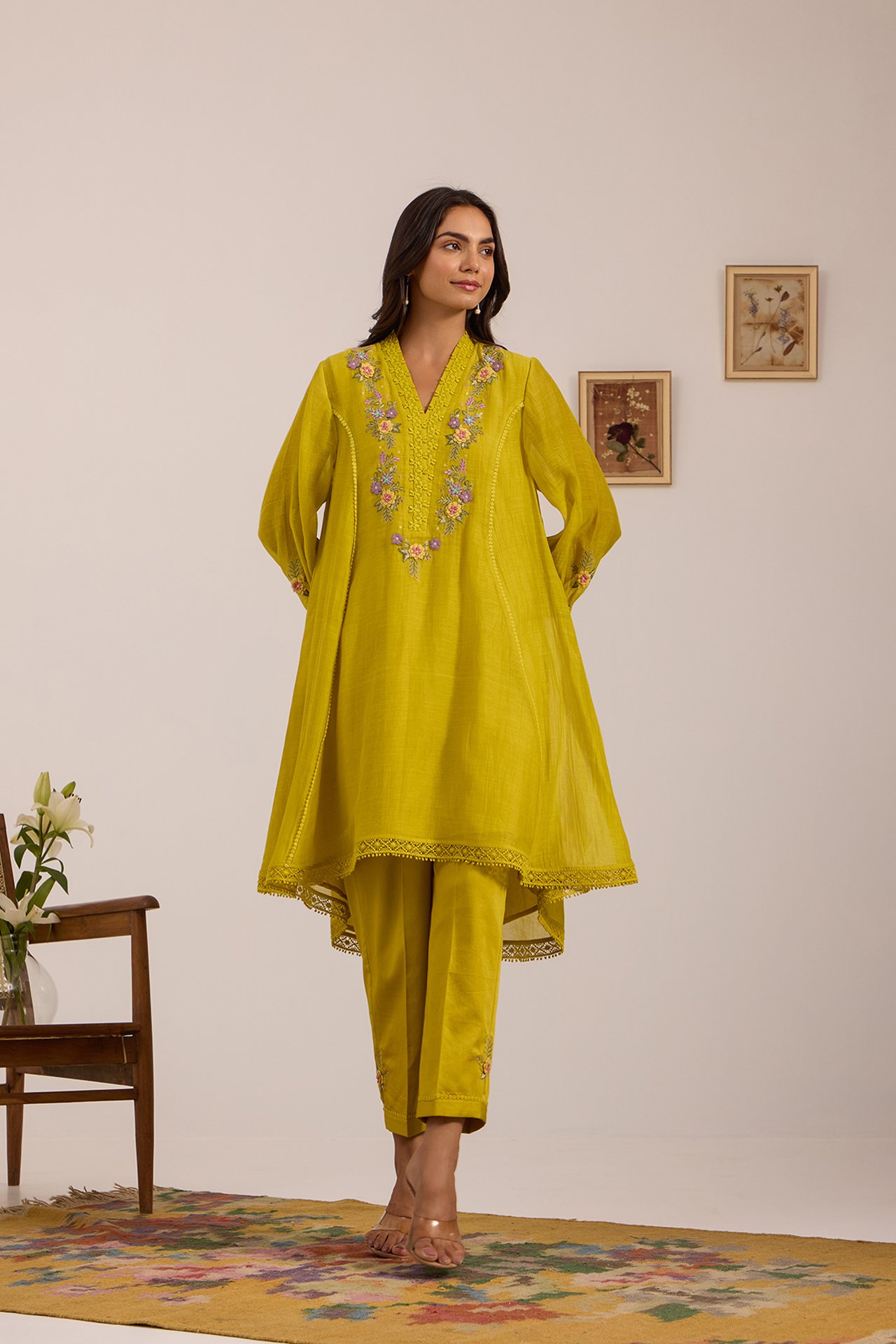 Lime Green Floral Chanderi Kurta Set