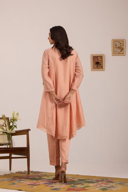 Peach Floral Chanderi Kurta Set
