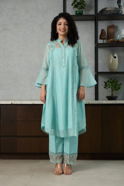 Aqua Blue Floral Chanderi Kurta Set