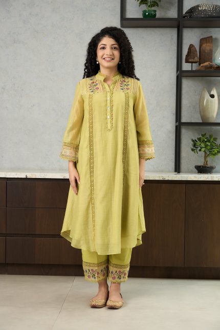 Lime Green Floral Chanderi Kurta Set
