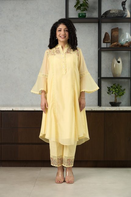 Yellow Floral Chanderi Kurta Set