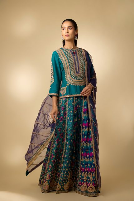 TEAL BLUE PATOLA PRINT SKIRT SET