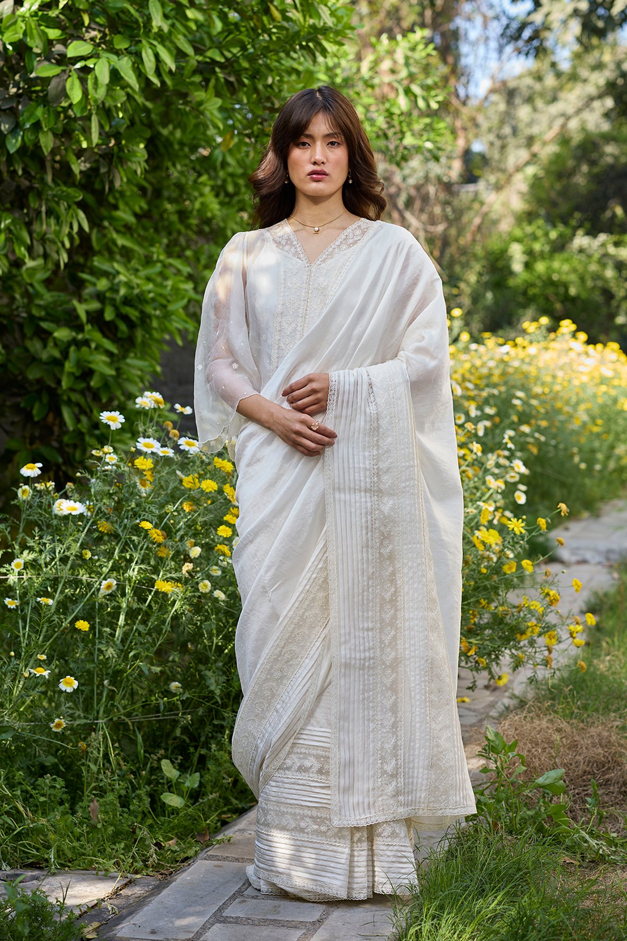 Wander Trail Ivory Embroidered Saree