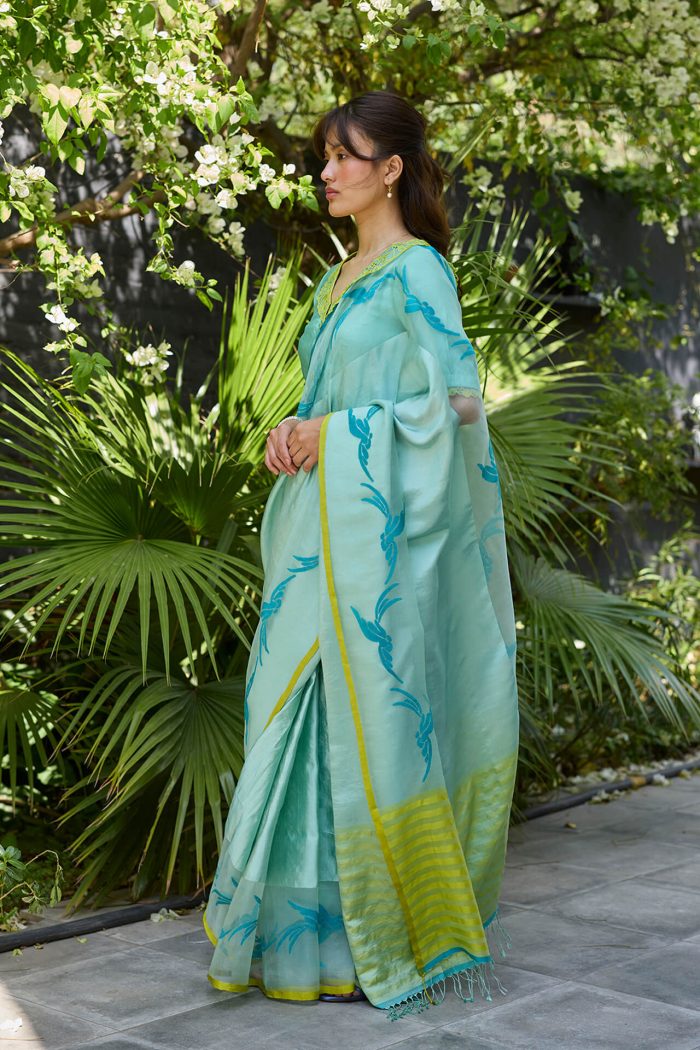 Playful Flight Blue Jamdani Saree - Image 3