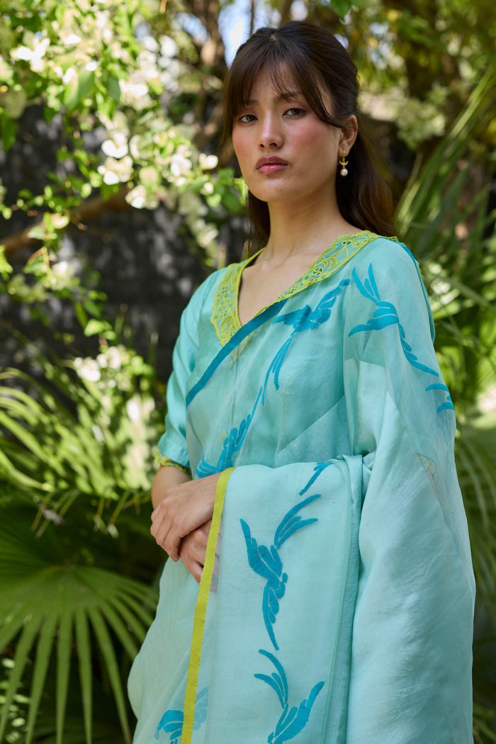 Playful Flight Blue Jamdani Saree - Image 4