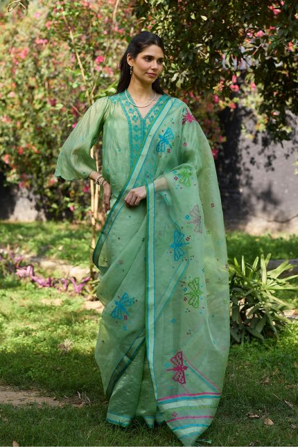 Garden Butterfly Green Jamdani Saree