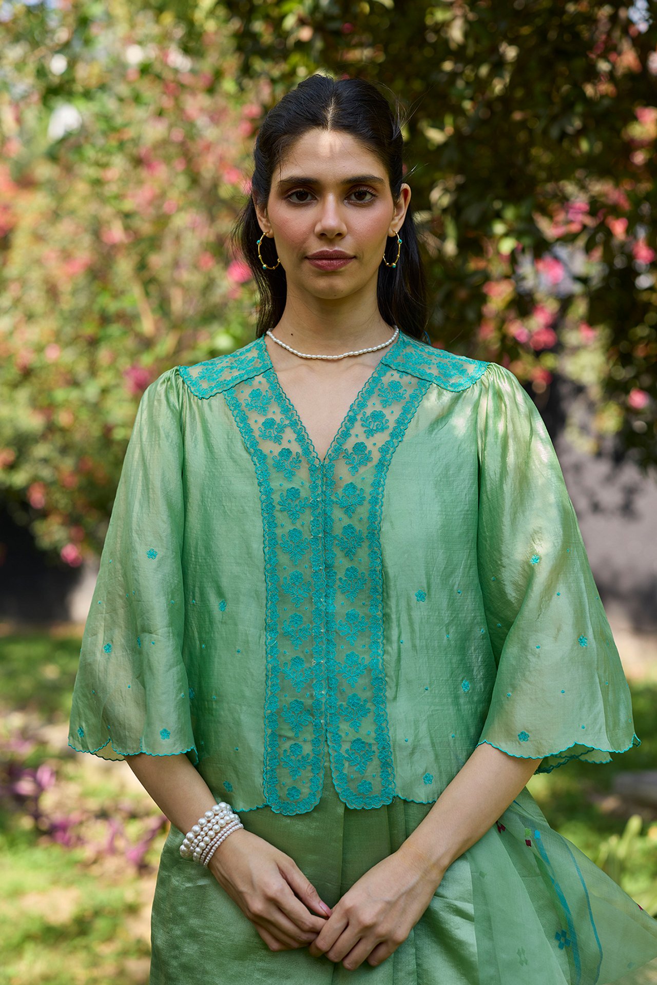River Fork Green Embroidered Blouse