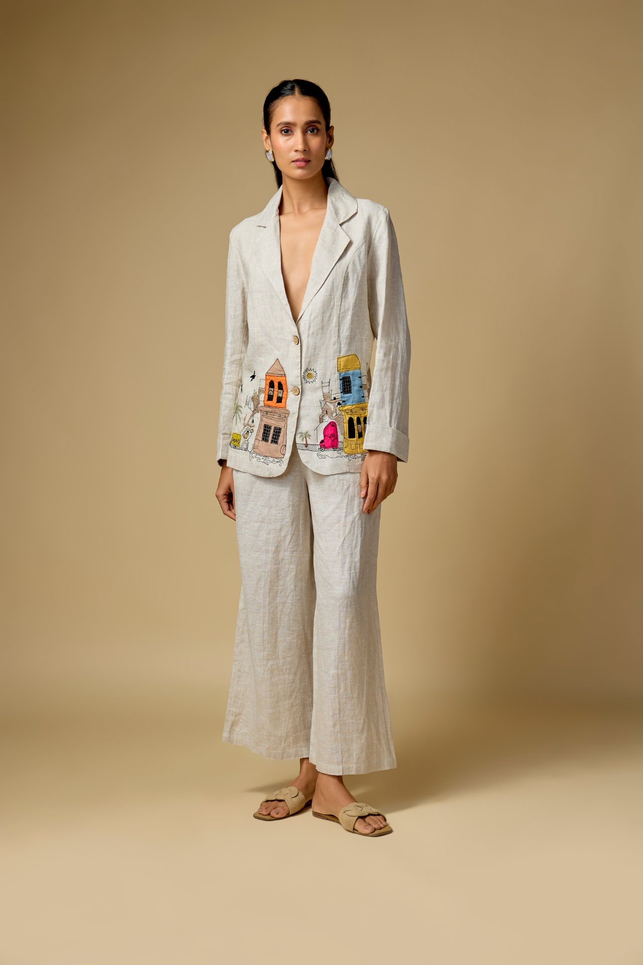 Beige Doodle Embroidered Blazer