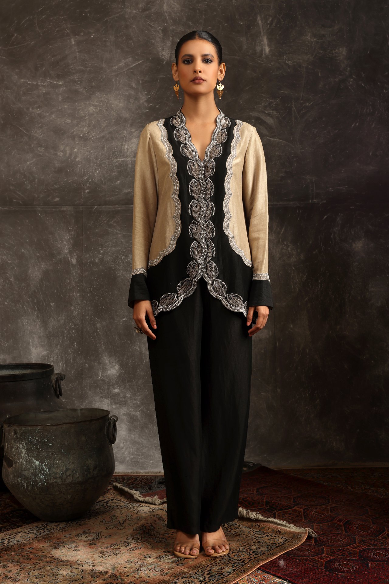 Oyester grey and black Jacket Pants Set