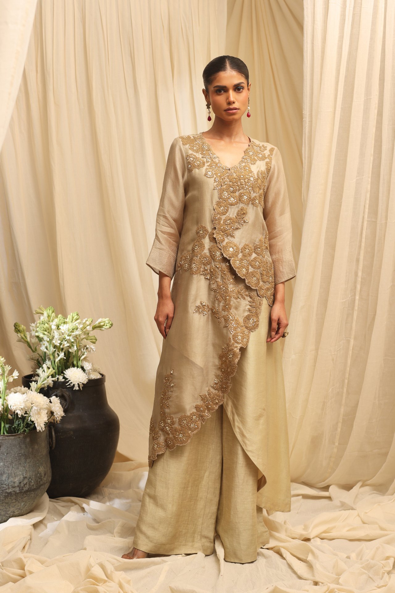 Oyester Beige Asymetric Angrakha Set 1 Oyester Beige Asymetric Angrakha Set