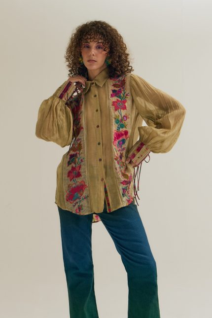 OLIVE GREEN CAMELLIA EMBROIDERED SHIRT