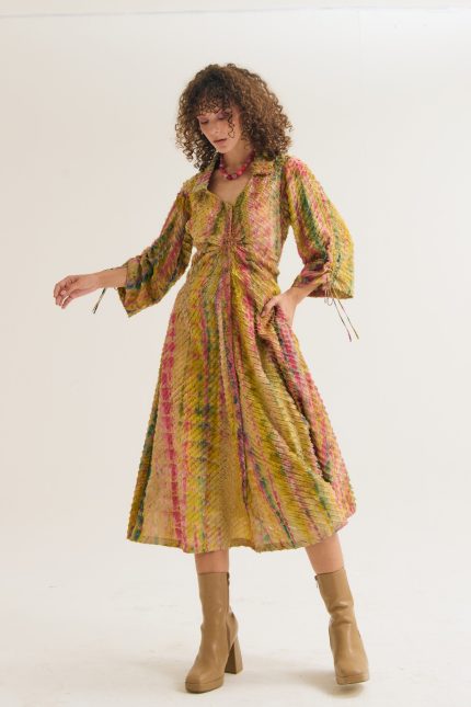 OLIVE GREEN LANTERN TEXTURED DRESS