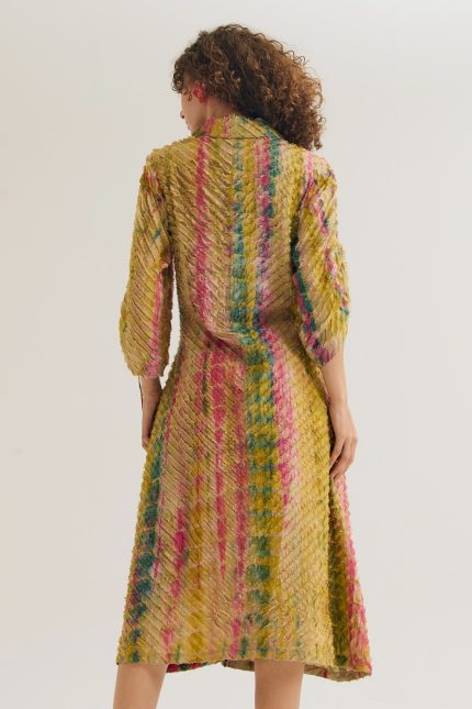 OLIVE GREEN LANTERN TEXTURED DRESS