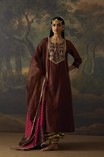 Brown Mukaish Chanderi kurta Set