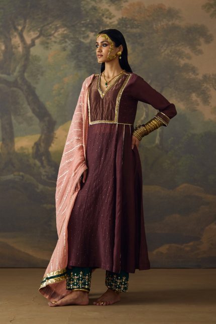 Brown Embroidered Kali Kurta