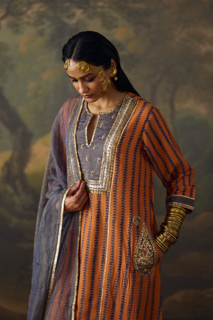 Orange Moga Silk Kurta Set