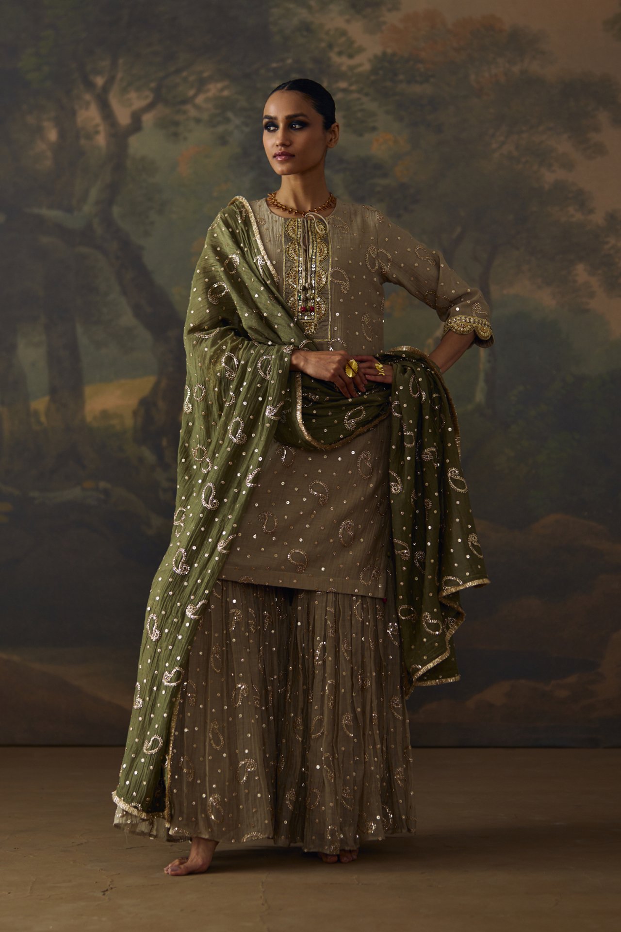 Grey Paisley Embroidered Garara Set