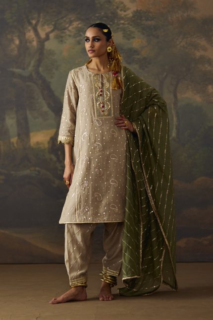 Grey Paisley Embroidered Kurta Set