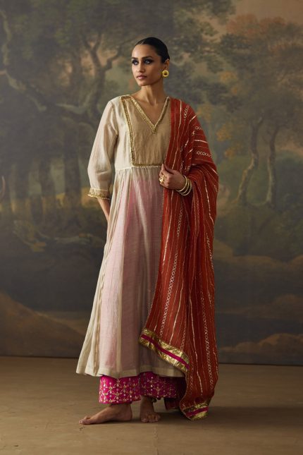 Grey Mukaish Chanderi embroidered kali Kurta Set