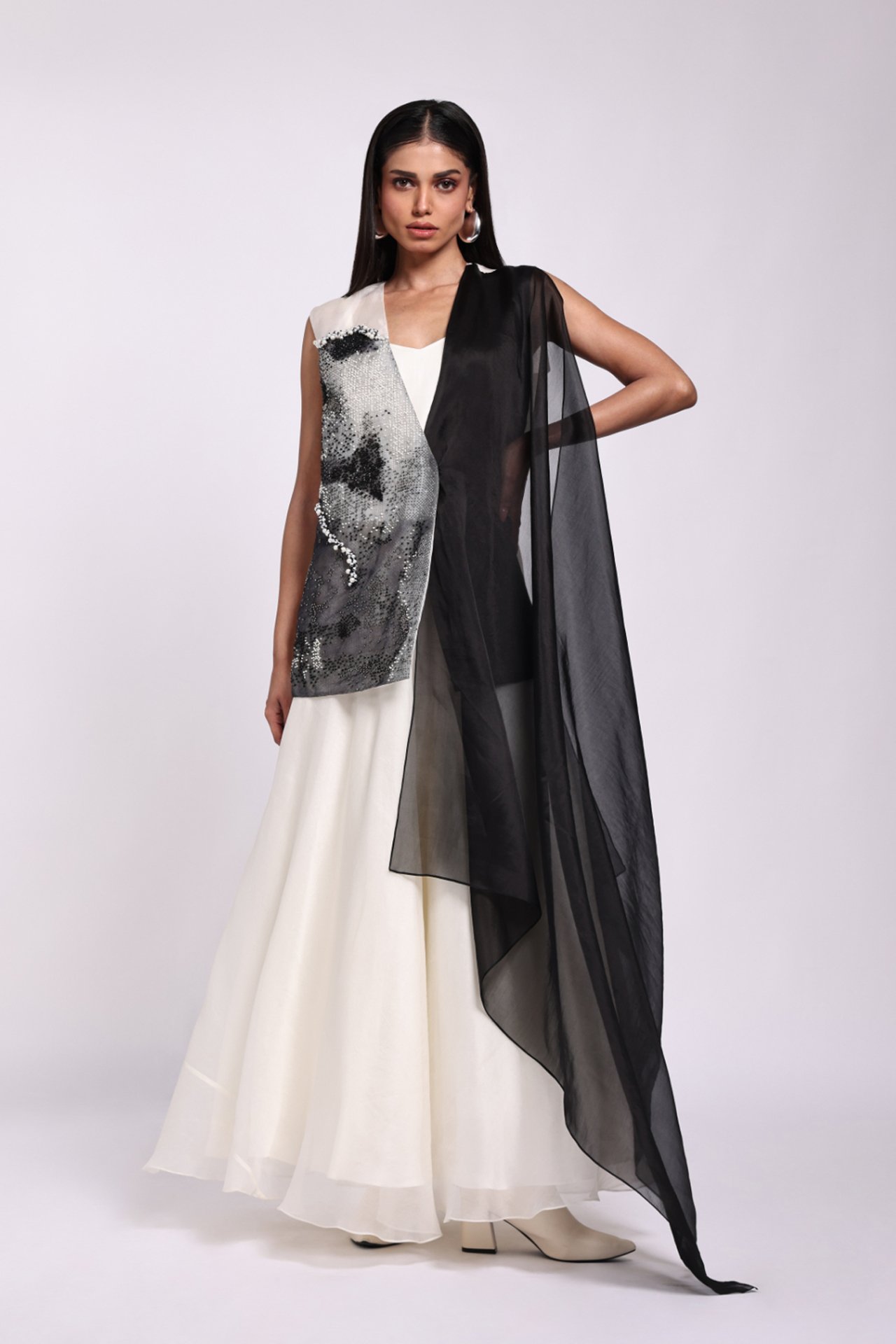 Ivory and Black Embroidered Gown Set