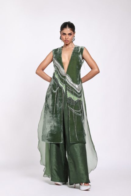 Dark Green Hand embelished Jumpsuit Set