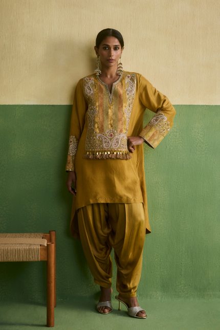 Yellow brocade asymetric Tunic Set