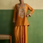 Orange brocade asymetric Tunic Set