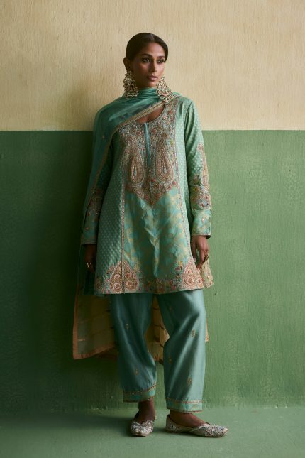 Sea Green Brocade Kurat Set