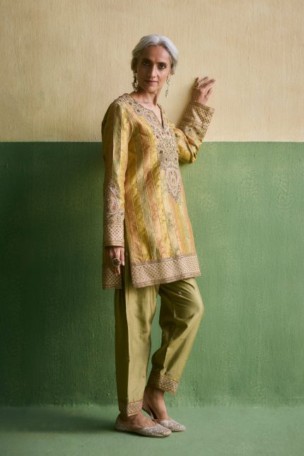 Yellow Stripe Brocade Tunic Set