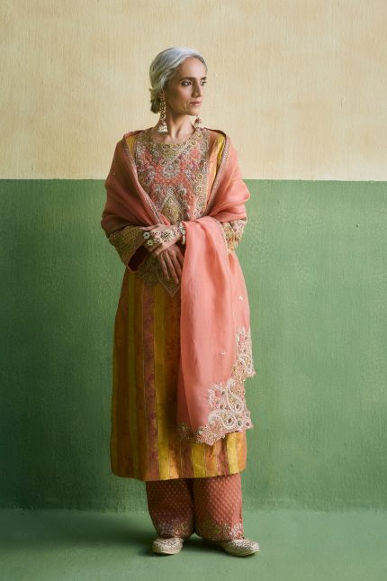 Peach Stripe Brocade Kurta Set