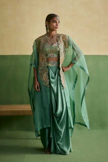 Sea Green Brocade Draped Skirt Set
