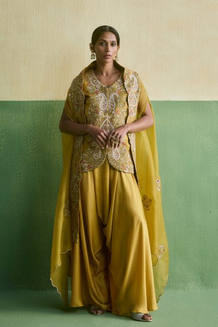 Lemon Yellow Brocade Cape Set